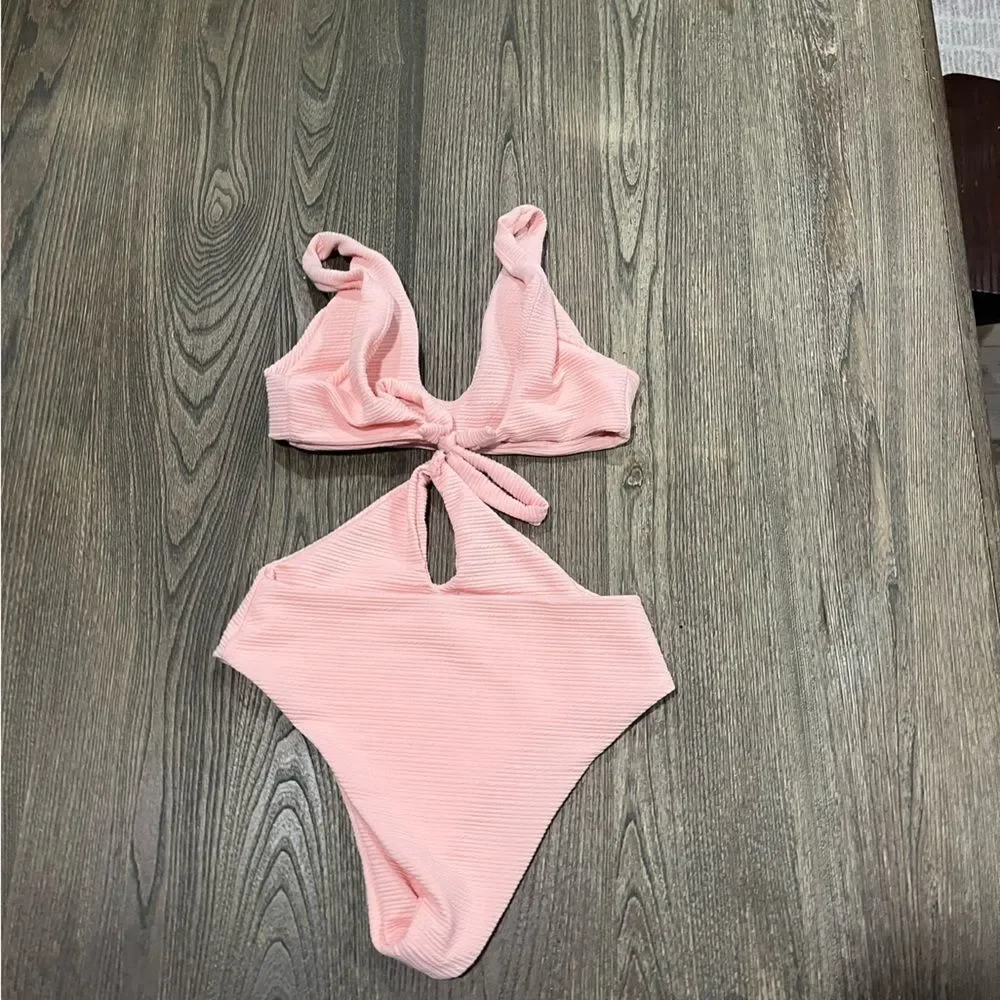 Cupshe One-Piece Swimsuit Two Way Tie Front High Waist Padded Light Pink Size S